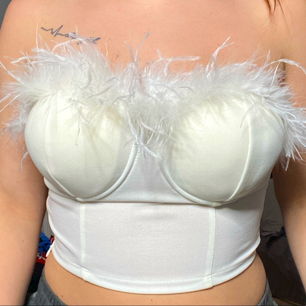 white feathered crop top